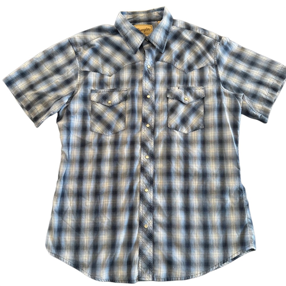 Wrangler Western Shirt Mens Large Blue Plaid Pearl Snap Short Sleeve Yoke Pocket